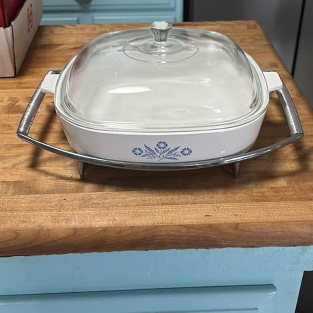 Vintage Corning Ware Blue Cornflower Casserole Dish with Lid and Silver Cradle